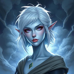 A stunning DnD character design of Maeve, a striking figure with light blue skin and elongated elven ears