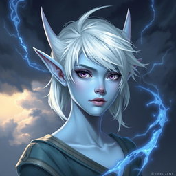 A stunning DnD character design of Maeve, a striking figure with light blue skin and elongated elven ears