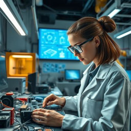 A detailed depiction of an engineer at work in a high-tech lab