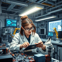 A detailed depiction of an engineer at work in a high-tech lab