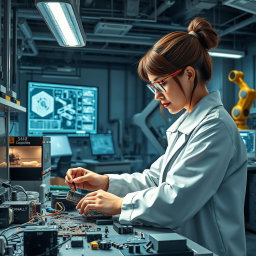 A detailed depiction of an engineer at work in a high-tech lab