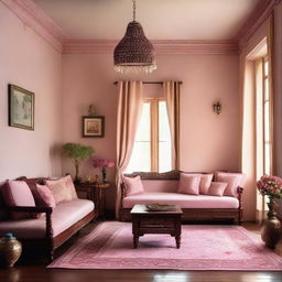 A cosy living room painted in a soft pink shade, furnished with polished wooden furniture including a traditional diwan for seating