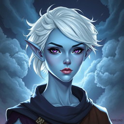 A captivating DnD character illustration of Maeve, a striking figure characterized by her light blue skin and elegantly elongated elven ears