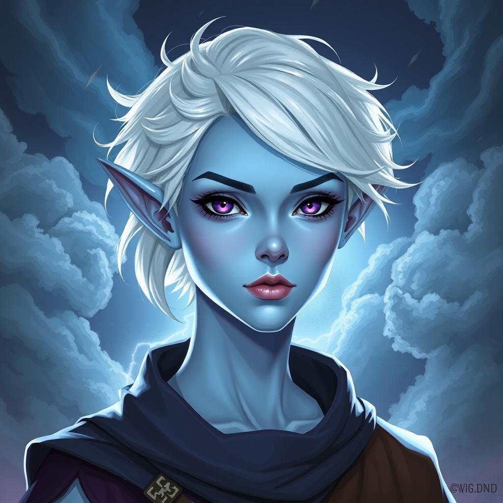 A captivating DnD character illustration of Maeve, a striking figure characterized by her light blue skin and elegantly elongated elven ears