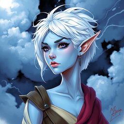A captivating DnD character illustration of Maeve, a striking figure characterized by her light blue skin and elegantly elongated elven ears