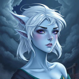 A captivating DnD character illustration of Maeve, a striking figure characterized by her light blue skin and elegantly elongated elven ears