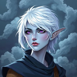 A captivating DnD character illustration of Maeve, a striking figure characterized by her light blue skin and elegantly elongated elven ears