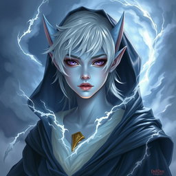 An enchanting DnD character art depiction of Maeve, a captivating figure featuring light blue skin and pointed elven ears