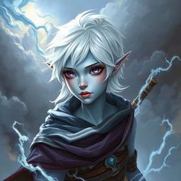 An enchanting DnD character art depiction of Maeve, a captivating figure featuring light blue skin and pointed elven ears