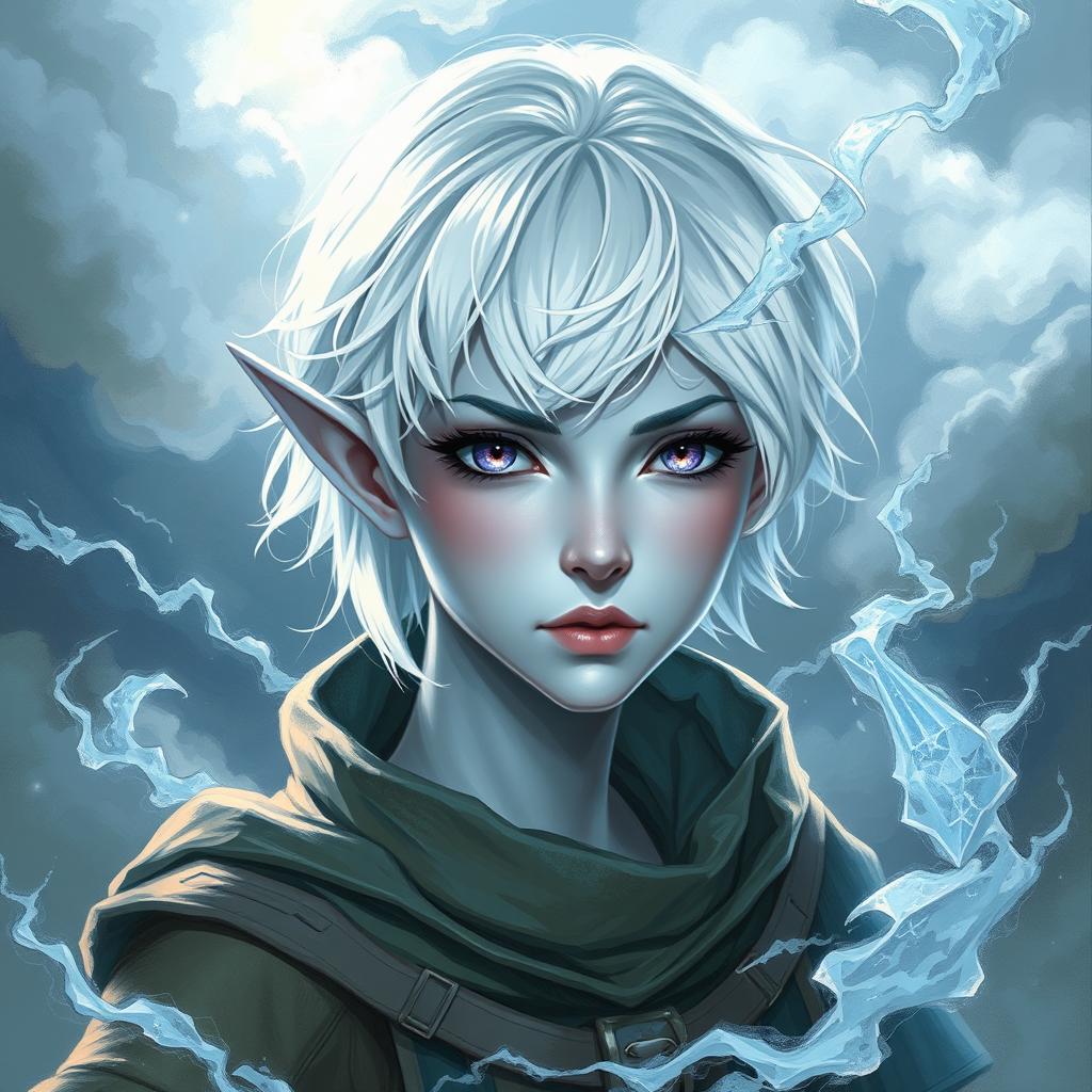 An enchanting DnD character art depiction of Maeve, a captivating figure featuring light blue skin and pointed elven ears