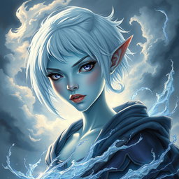 An enchanting DnD character art depiction of Maeve, a captivating figure featuring light blue skin and pointed elven ears