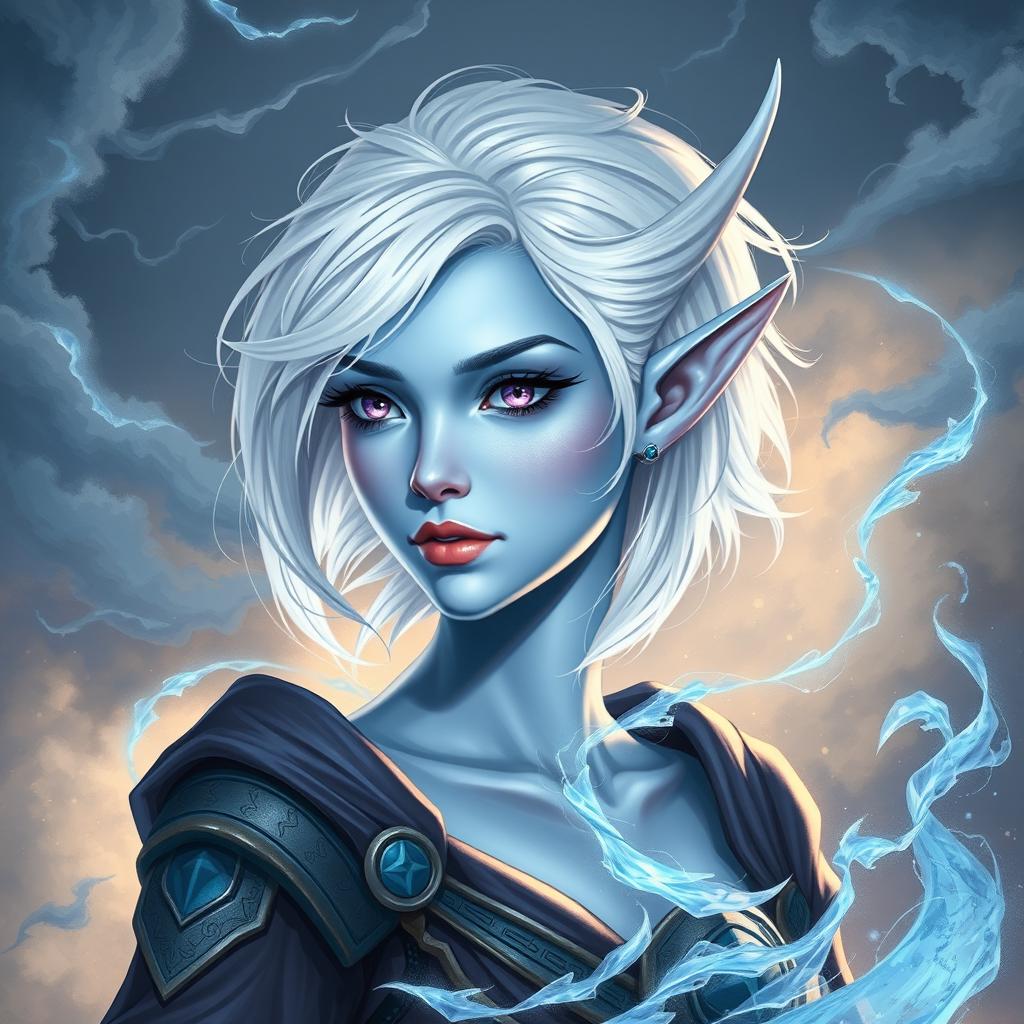 An enchanting DnD character art representation of Maeve, a striking figure with radiant light blue skin and elegant elven ears