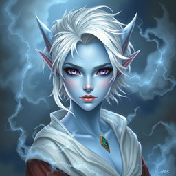 An enchanting DnD character art representation of Maeve, a striking figure with radiant light blue skin and elegant elven ears