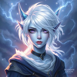 An enchanting DnD character art representation of Maeve, a striking figure with radiant light blue skin and elegant elven ears