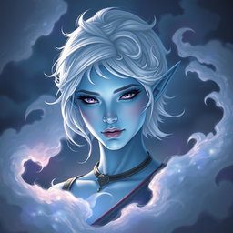 An enchanting DnD character art representation of Maeve, a striking figure with radiant light blue skin and elegant elven ears