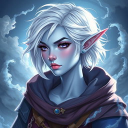 A mesmerizing DnD character illustration of Maeve, a striking figure adorned with light blue skin and graceful elven ears