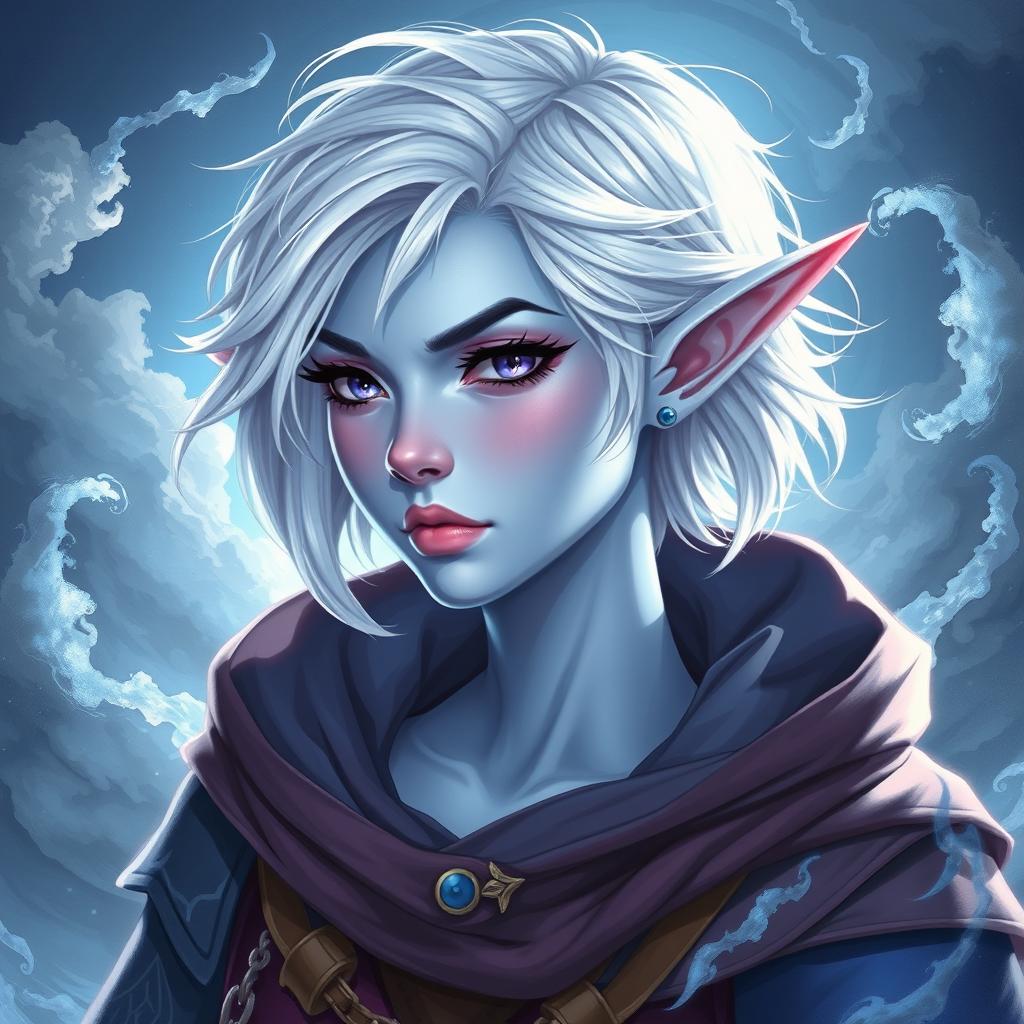 A mesmerizing DnD character illustration of Maeve, a striking figure adorned with light blue skin and graceful elven ears