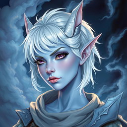 A mesmerizing DnD character illustration of Maeve, a striking figure adorned with light blue skin and graceful elven ears