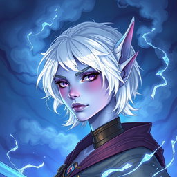 A mesmerizing DnD character illustration of Maeve, a striking figure adorned with light blue skin and graceful elven ears