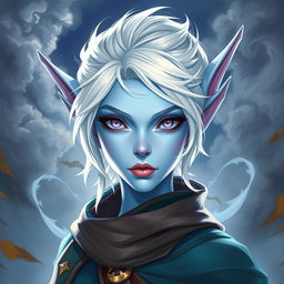 A mesmerizing DnD character illustration of Maeve, a striking figure adorned with light blue skin and graceful elven ears