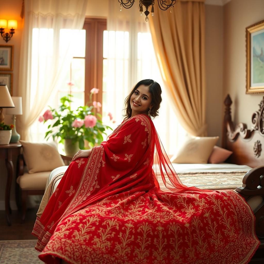 A woman gracefully sitting in a beautifully decorated bedroom, wearing an elegant red saree