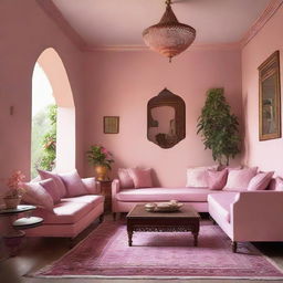 A cosy living room painted in a soft pink shade, furnished with polished wooden furniture including a traditional diwan for seating