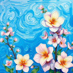 A panoramic painting in the style of Vincent van Gogh featuring pastel-colored flowers against a Mediterranean blue background