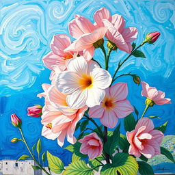 A panoramic painting in the style of Vincent van Gogh featuring pastel-colored flowers against a Mediterranean blue background
