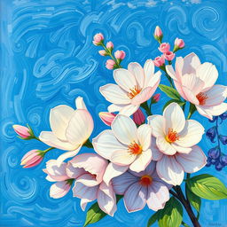 A panoramic painting in the style of Vincent van Gogh featuring pastel-colored flowers against a Mediterranean blue background