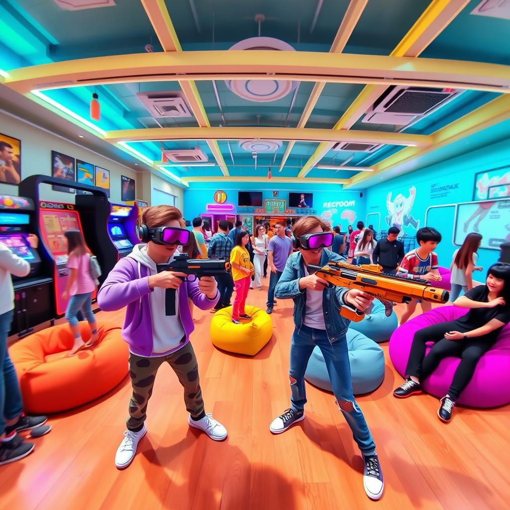 A vibrant and immersive virtual reality scene depicting a lively multiplayer space in RecRoom