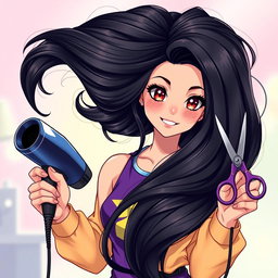 A stunning Latina girl with long, beautiful black hair styled in vibrant anime fashion, showcasing her big, voluminous hair