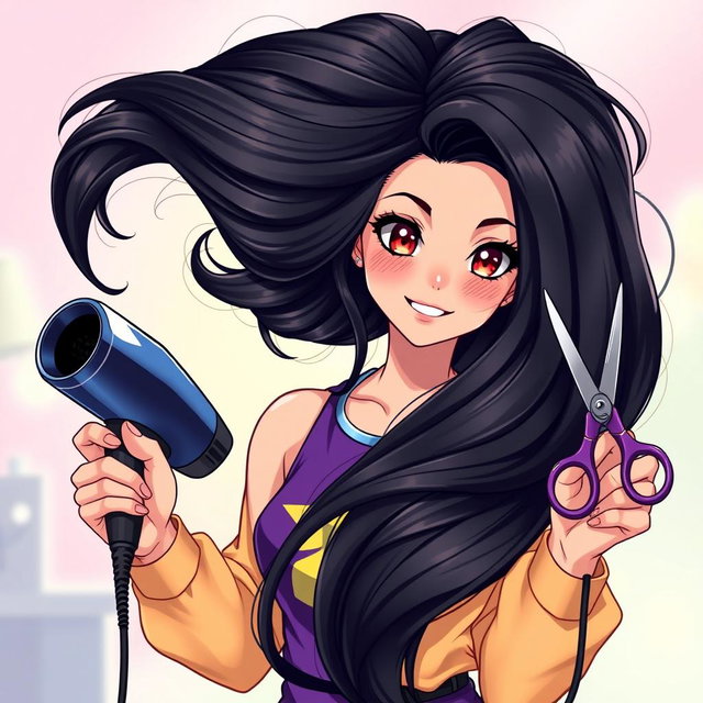 A stunning Latina girl with long, beautiful black hair styled in vibrant anime fashion, showcasing her big, voluminous hair