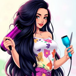 A stunning Latina girl with long, beautiful black hair styled in vibrant anime fashion, showcasing her big, voluminous hair