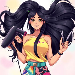 A stunning Latina girl with long, beautiful black hair styled in vibrant anime fashion, showcasing her big, voluminous hair