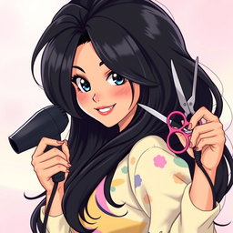 A stunning Latina girl with long, beautiful black hair styled in vibrant anime fashion, showcasing her big, voluminous hair