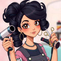A beautiful Latina girl with stunning black hair styled in an anime-inspired fashion, featuring large, flowing curls