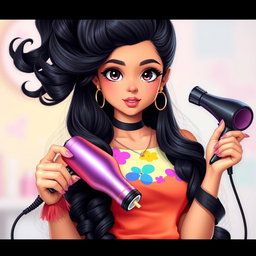 A beautiful Latina girl with stunning black hair styled in an anime-inspired fashion, featuring large, flowing curls