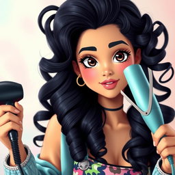 A beautiful Latina girl with stunning black hair styled in an anime-inspired fashion, featuring large, flowing curls