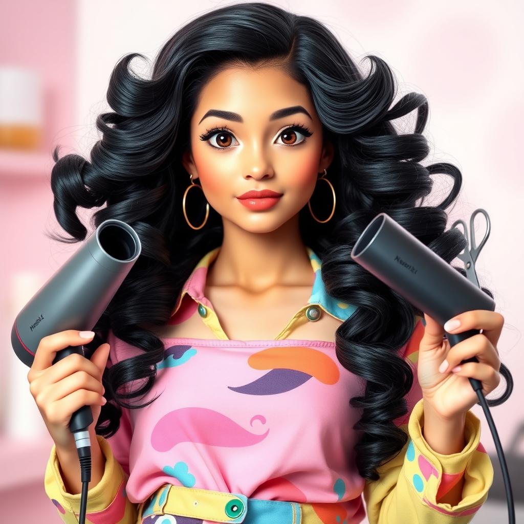 A beautiful Latina girl with stunning black hair styled in an anime-inspired fashion, featuring large, flowing curls