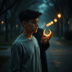 An evocative scene featuring a young man who appears lost and contemplative, embodying his empty feelings and his quest for meaning in life