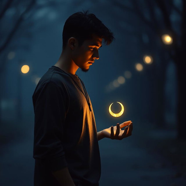 An evocative scene featuring a young man who appears lost and contemplative, embodying his empty feelings and his quest for meaning in life