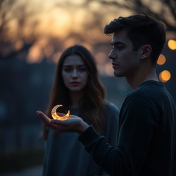 A contemplative scene featuring a young man in his twenties, looking pensive and slightly melancholic, standing in a serene, twilight setting that reflects his empty feelings and search for meaning in life