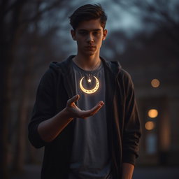 A contemplative scene featuring a young man in his twenties, looking pensive and slightly melancholic, standing in a serene, twilight setting that reflects his empty feelings and search for meaning in life