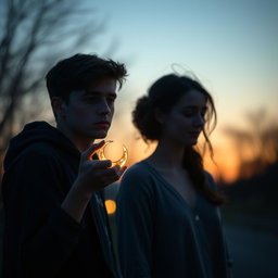 A contemplative scene featuring a young man in his twenties, looking pensive and slightly melancholic, standing in a serene, twilight setting that reflects his empty feelings and search for meaning in life