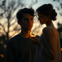 A contemplative scene featuring a young man in his twenties, looking pensive and slightly melancholic, standing in a serene, twilight setting that reflects his empty feelings and search for meaning in life