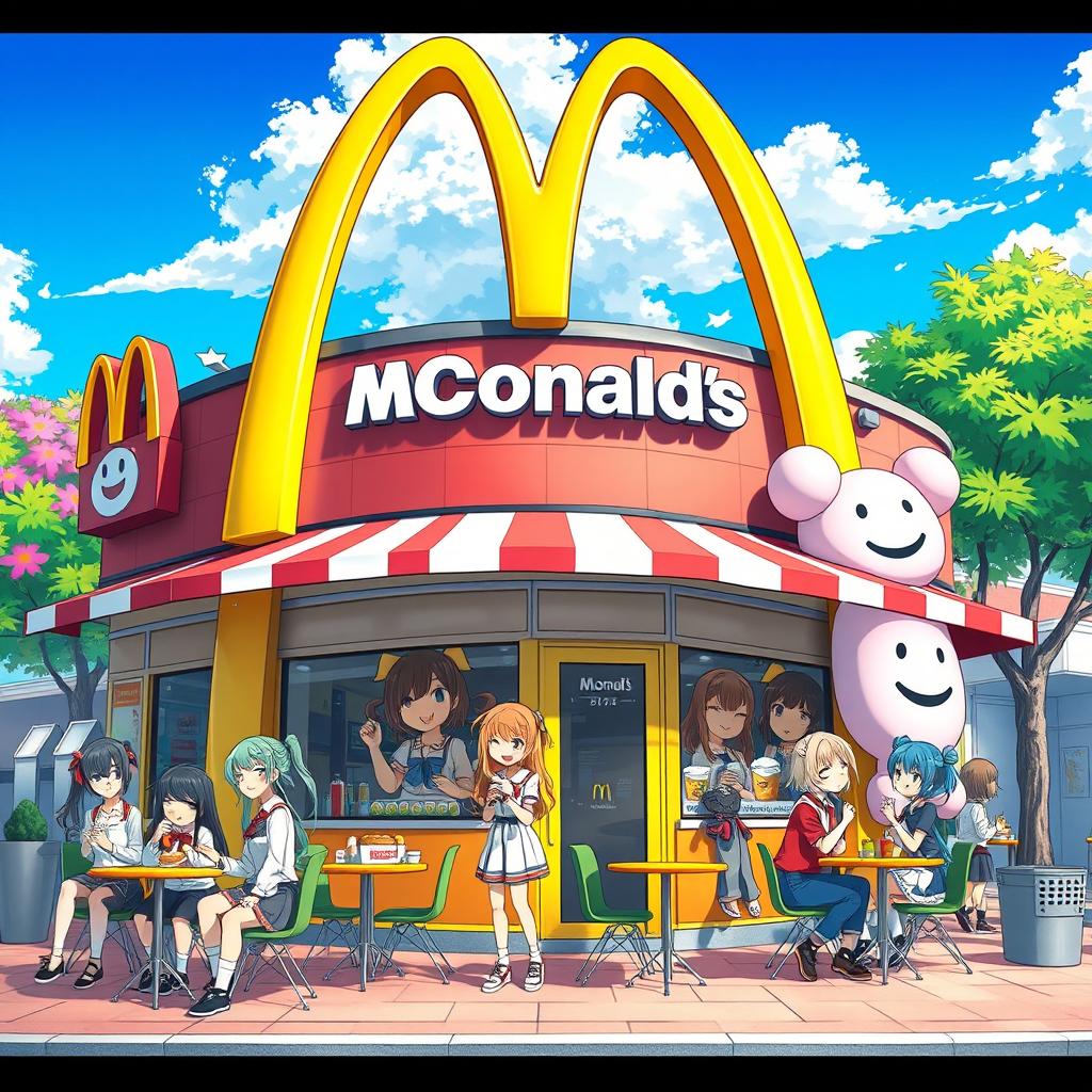 A vibrant and imaginative anime-style scene of a McDonald's restaurant, featuring a playful and colorful exterior with the iconic golden arches