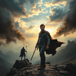 A dramatic scene depicting a man in the midst of his journey to find his identity and confront a powerful destiny