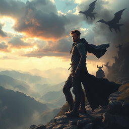 A dramatic scene depicting a man in the midst of his journey to find his identity and confront a powerful destiny