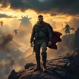 A dramatic scene depicting a man in the midst of his journey to find his identity and confront a powerful destiny