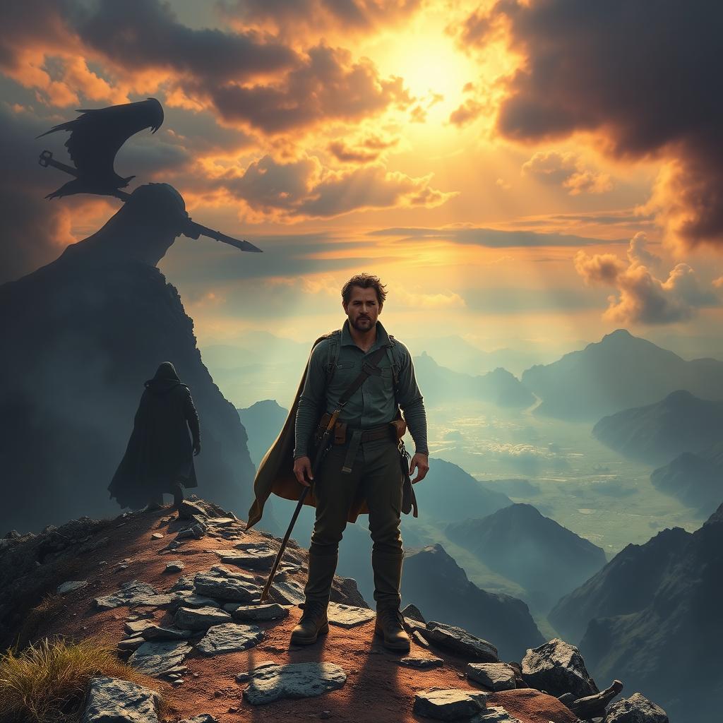 A dramatic scene depicting a man in the midst of his journey to find his identity and confront a powerful destiny